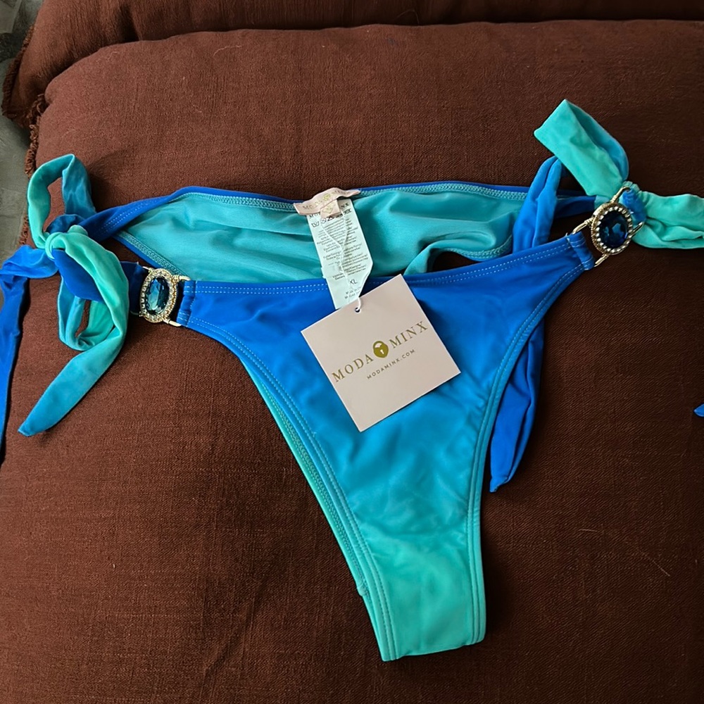 NWT Moda Minx Bikini bottoms royal blue,turquoise Bling crystal tie side